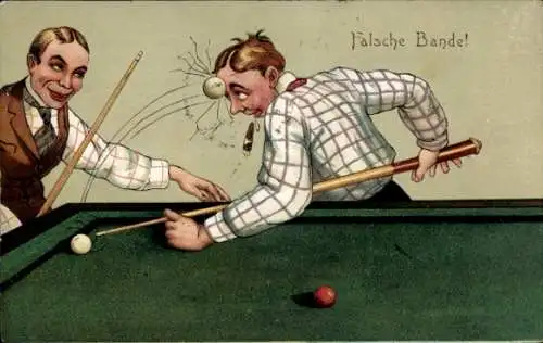 Präge Ak Falsche Bande, Männer beim Billard, Kugel trifft Spieler am Kopf