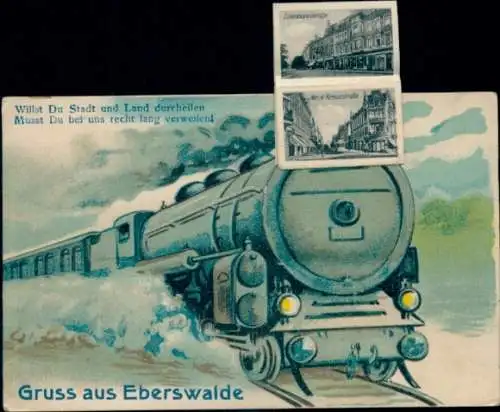 Leporello Ak Eberswalde in der Mark, Eisenbahnstraße, Neue Kreuzstraße, Dampflokomotive