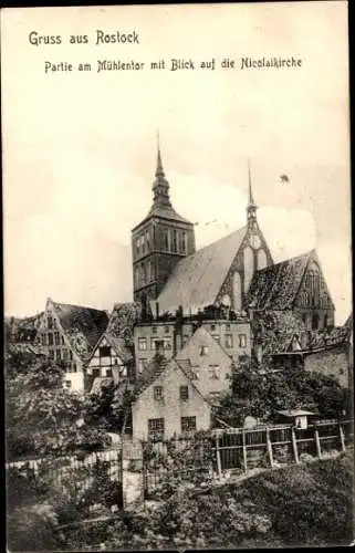 Ak Hansestadt Rostock, Mühlentor, Blick auf die Nikolaikirche