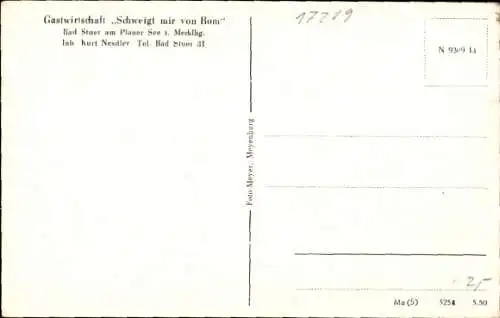 Ak Bad Stuer am Plauer See, Gastwirtschaft Schweigt mir von Rom, Gedicht Betty Prien, Inh.K. Nesdler