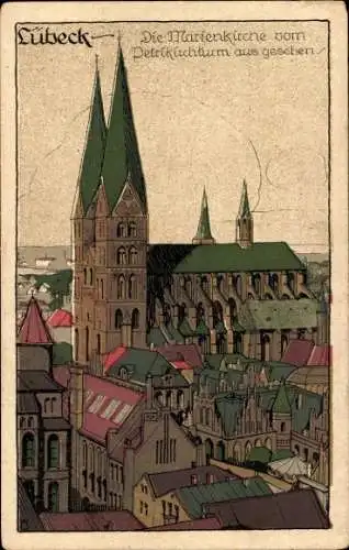 Steindruck Ak Hansestadt Lübeck, Marienkirche vom Petrikirchturm aus gesehen