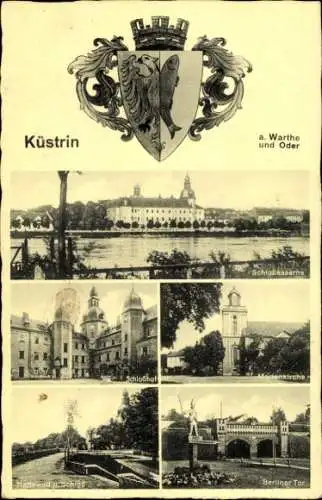 Ak Kostrzyn nad Odrą Cüstrin Küstrin Ostbrandenburg, Schlosskaserne, Marienkirche, Berliner Tor