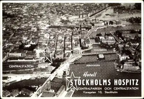 Ak Stockholm Schweden, Luftbild der Stadt, Hauptbahnhof, Hotel Stockholm Hospitz