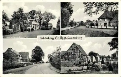 Ak Schönberg in Lauenburg, Geschäftshaus Heinr. Funk, Schule, Kriegerehrung