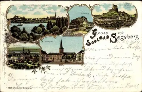 Litho Bad Segeberg in Holstein, Totalansicht, Kalkberg, Kurhotel, Marktplatz