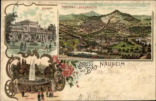 Litho Bad Nauheim in Hessen, Panorama, Kurhaus, Sprudel