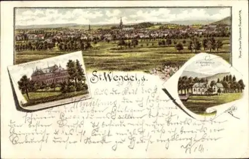 Litho St. Wendel im Saarland, Panorama, Progymnasium, St. Wendelinus Kapelle