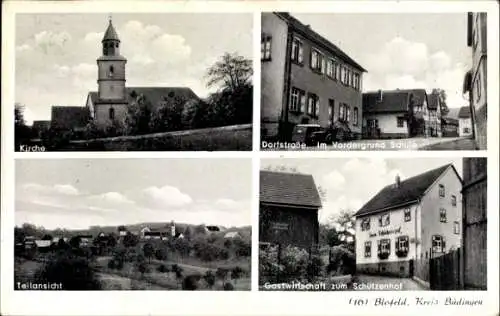 Ak Blofeld Reichelsheim im Odenwald Hessen, Kirche, Dorfstr., Schule, Gastwirtschaft zum Schützenhof