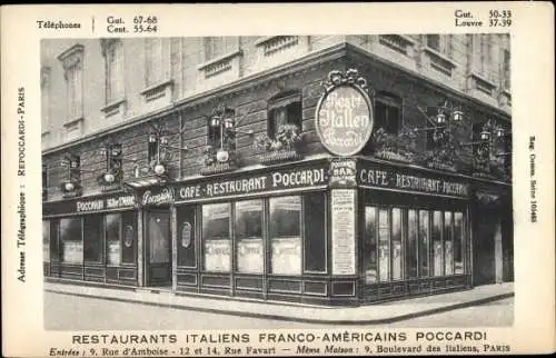 Ak Paris II, Rue Favart, Blvd des Italiens, Poccardi Restaurants Italiens Franco-Américains, Facade