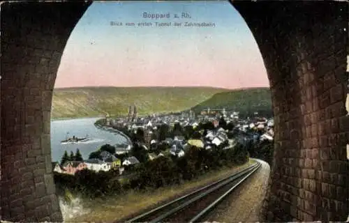 Ak Boppard am Rhein, Totalansicht, Blick vom ersten Tunnel der Zahnradbahn