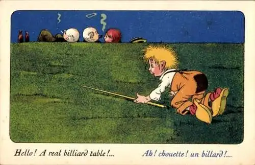 Litho Junge mit Billard Queue, Köpfe als Kugeln