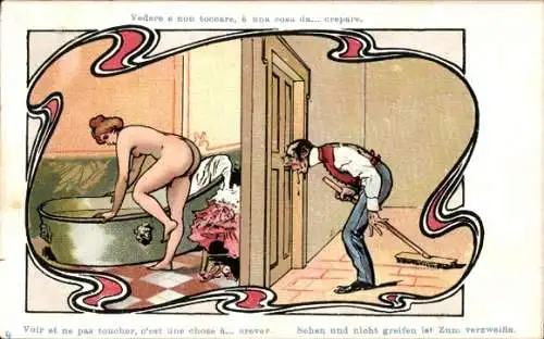 Jugendstil Litho Frau steigt in die Badewanne, Mann schaut durchs Schlüsselloch