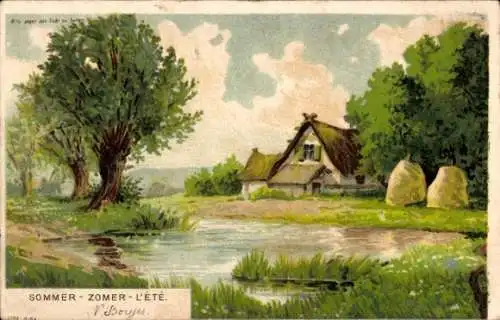 Haltgegendaslicht Künstler Litho Sommer, Uferpartie mit Landhaus