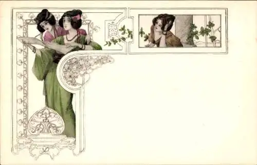 Jugendstil Künstler Ak Frauen mit Schriftrolle