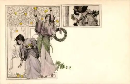 Jugendstil Künstler Ak Frauen, Blumen