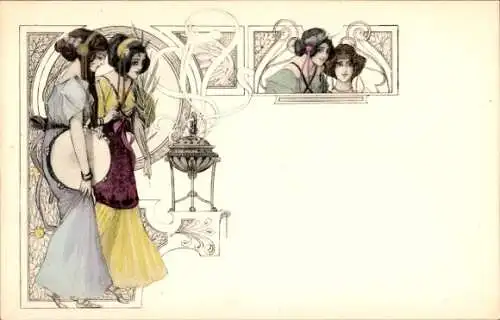 Jugendstil Ak Frauen in historischer Kleidung mit Tambourin