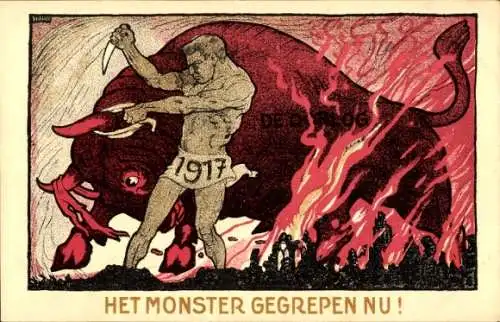 Künstler Ak Het Monster gegrepen nu, Vredesweek, Nederlandsche Anti Oorlog Raad 1917, I. WK