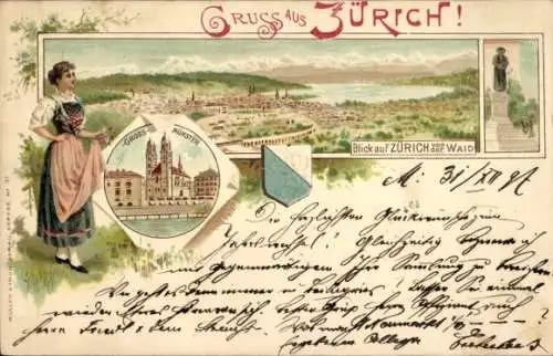 Wappen Litho Zürich Stadt Schweiz, Großmünster, Gesamtansicht