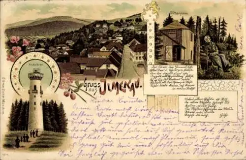 Litho Ilmenau Thüringen, Totalansicht, Goethe-Haus, Kickelhahn