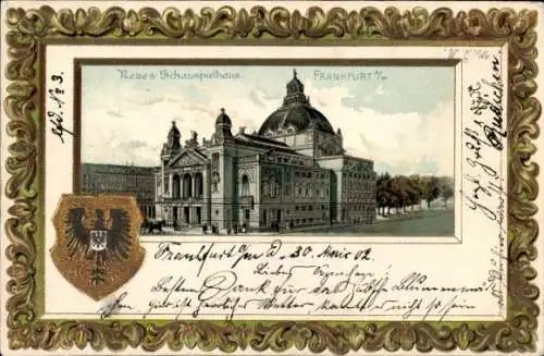 Präge Passepartout Wappen Litho Frankfurt am Main, Neues Schauspielhaus