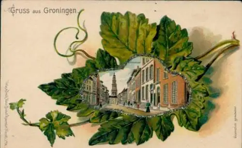 Präge Passepartout Glitzer Litho Groningen Niederlande, Straße, Passanten