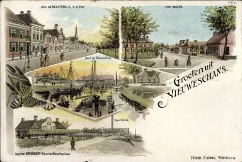 Litho Nieuweschans Groningen, Hotel Wagho, Hafen, Fabrik