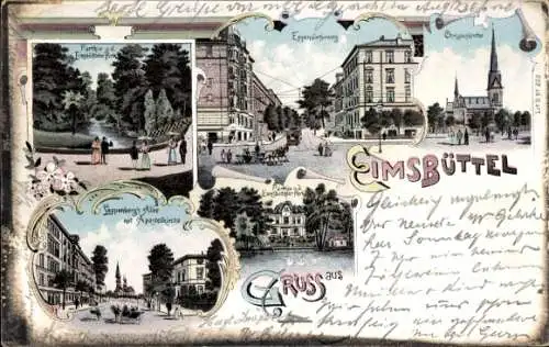 Litho Hamburg Eimsbüttel, Lappenberg-Allee, Christuskirche, Parkanlagen, Eppendorfer Weg