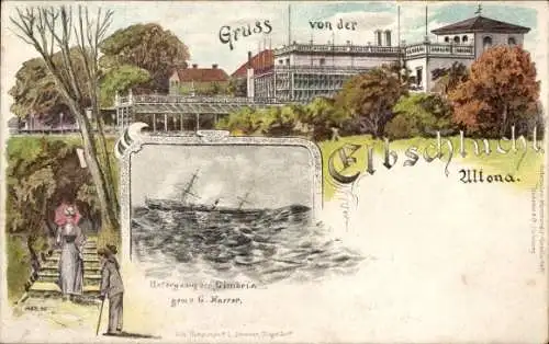 Litho Hamburg Altona, Elbschlucht, Untergang der Cimbria