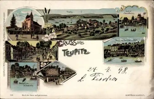 Litho Teupitz in der Mark, Gasthof Marwitz, Tornow's Idyll, Totalansicht