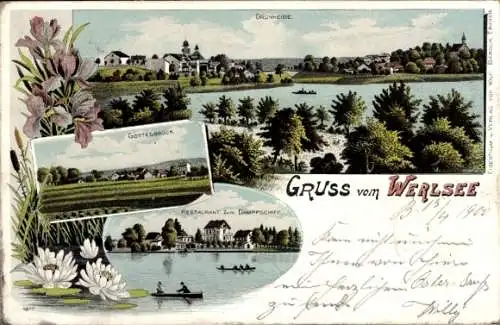 Litho Werlsee Grünheide, Gottesbrück, Gasthof zum Dampfschiff, Panorama