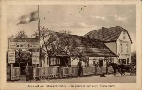 Ak Diensdorf Radlow am Scharmützelsee, Restaurant zur alten Fischerhütte, Schultheiss Reklame