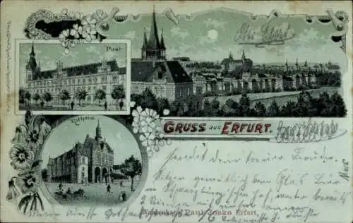 Mondschein Litho Erfurt in Thüringen, Stadt, Post, Rathaus, Nacht