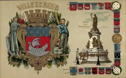 Präge Wappen Litho Paris III., Ville de Paris, Statue de la Republique