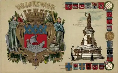 Präge Wappen Litho Paris III., Ville de Paris, Statue de la Republique