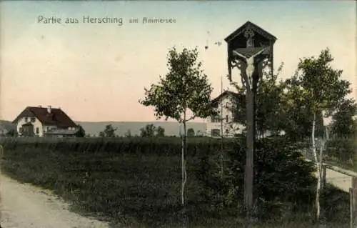 Ak Hersching am Ammersee, Teilansicht, Wegkreuz