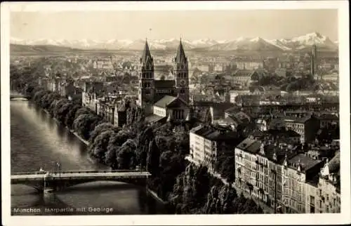 Ak München, Teilansicht, Isar, Alpen