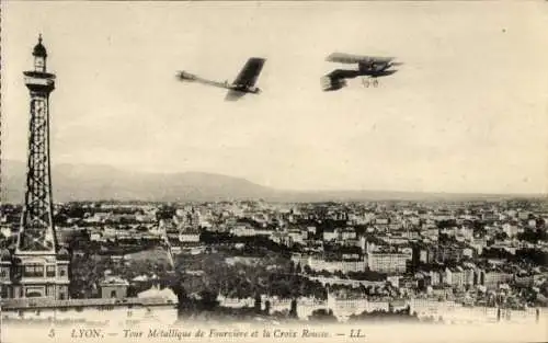 Ak Lyon Rhône, Tour Metallique de Fourviere et la Croix Rousse, Flugzeuge