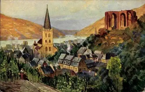 Künstler Ak Bacharach am Rhein, Panorama vom Ort u. Ruine