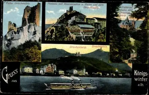 Ak Königswinter am Rhein, Ruine Drachenfels, Drachenburg, Salondampfer