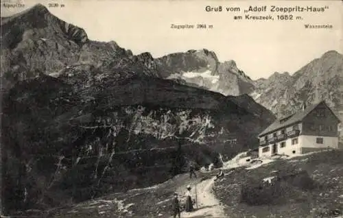 Ak Garmisch Partenkirchen in Oberbayern, Adolf Zöppritz Haus am Kreuzeck, Zugspitze, Alpspitze