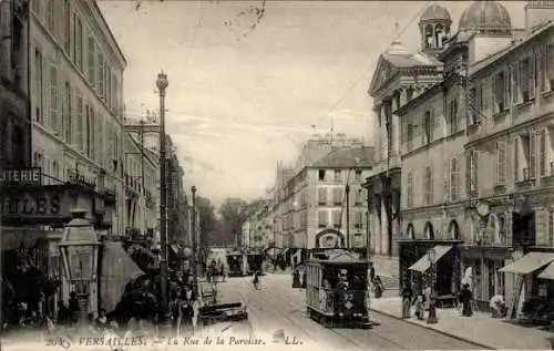 Ak Versailles Yvelines, Rue de la Paroisse, Straßenbahn 27, Geschäfte