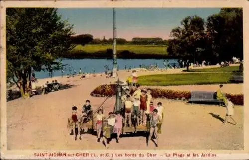 Ak Saint Aignan sur Cher Loir et Cher, les bords du Cher, Plage, Jardins