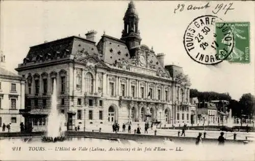 Ak Tours Indre et Loire, Rathaus, Springbrunnen