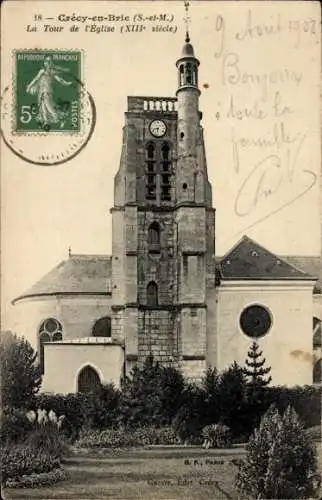 Ak Crécy en Brie Crécy la Chapelle Seine et Marne, Kirchturm, Turmuhr