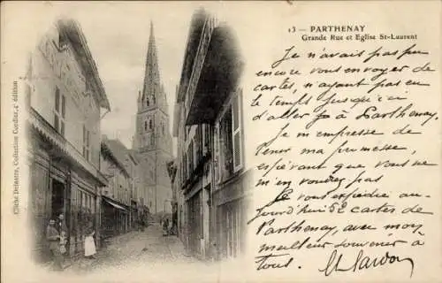 Ak Parthenay Deux Sèvres, Grande Rue, Kirche St. Laurent