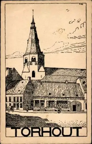 Ak Thourout Torhout Westflandern, Teilansicht, Kirche, Feldbuchhandlung