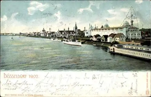 Ak Düsseldorf am Rhein, Industrie und Gewerbeausstellung 1902, Teilansicht vom Wasser aus