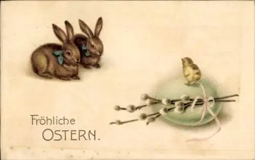 Ak Glückwunsch, Ostern, Küken, Osterhasen, Weidenkätzchen, Ostereier