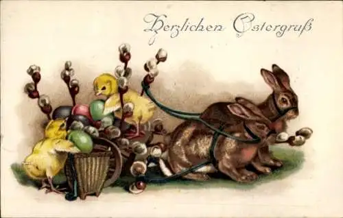 Ak Frohe Ostern, Osterhasen ziehen Wagen mit Küken, Ostereiern und Weidenkätzchen