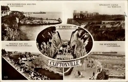 Ak Cliftonville Kent England, New Bathin Pool and Pier, Walpole Bay and Promenade, Rendevouz